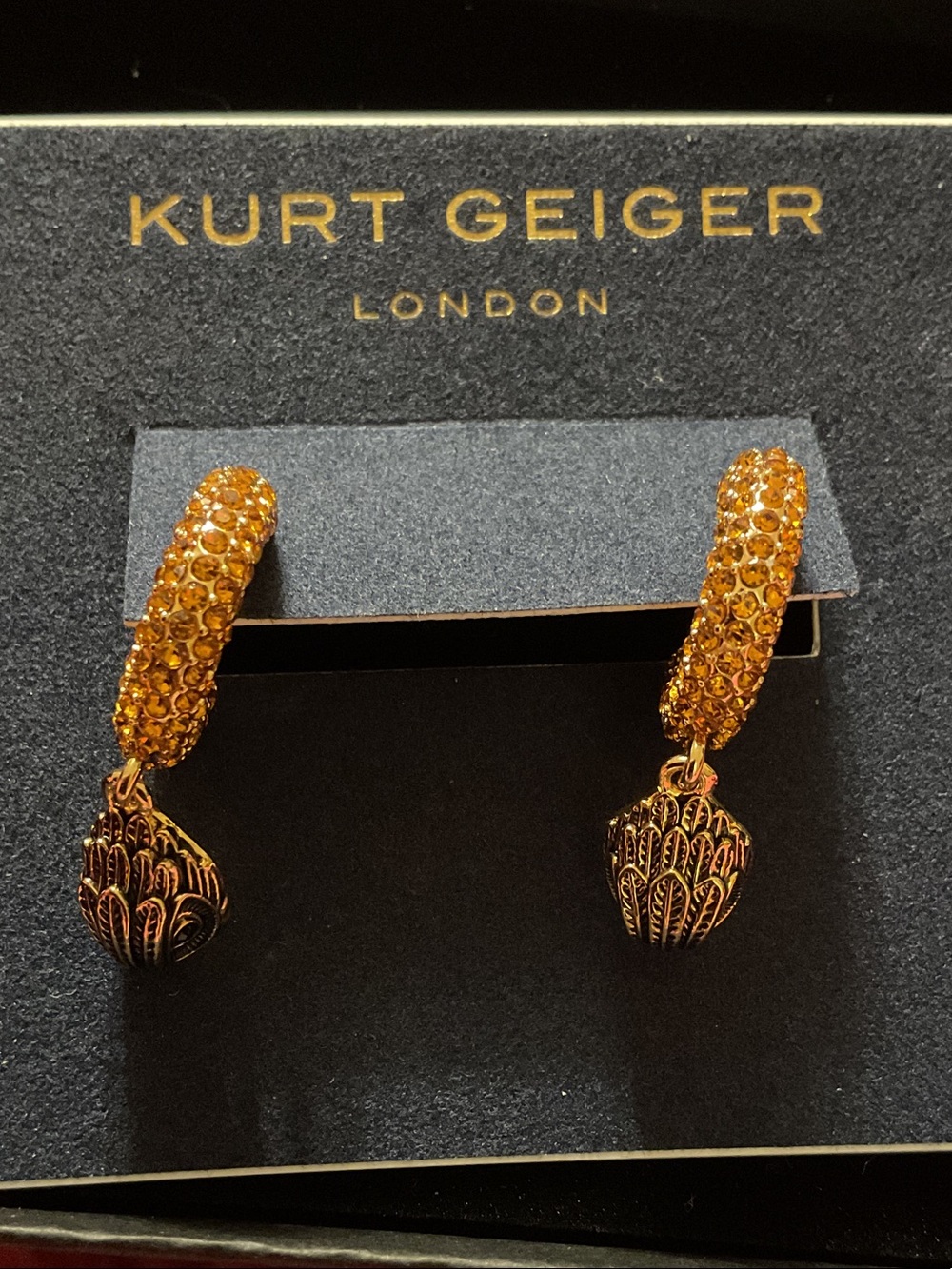 Kurt Geiger Gold Crystal Hoop Earrings with Decorative Gold Drops - Picture 3 of 3